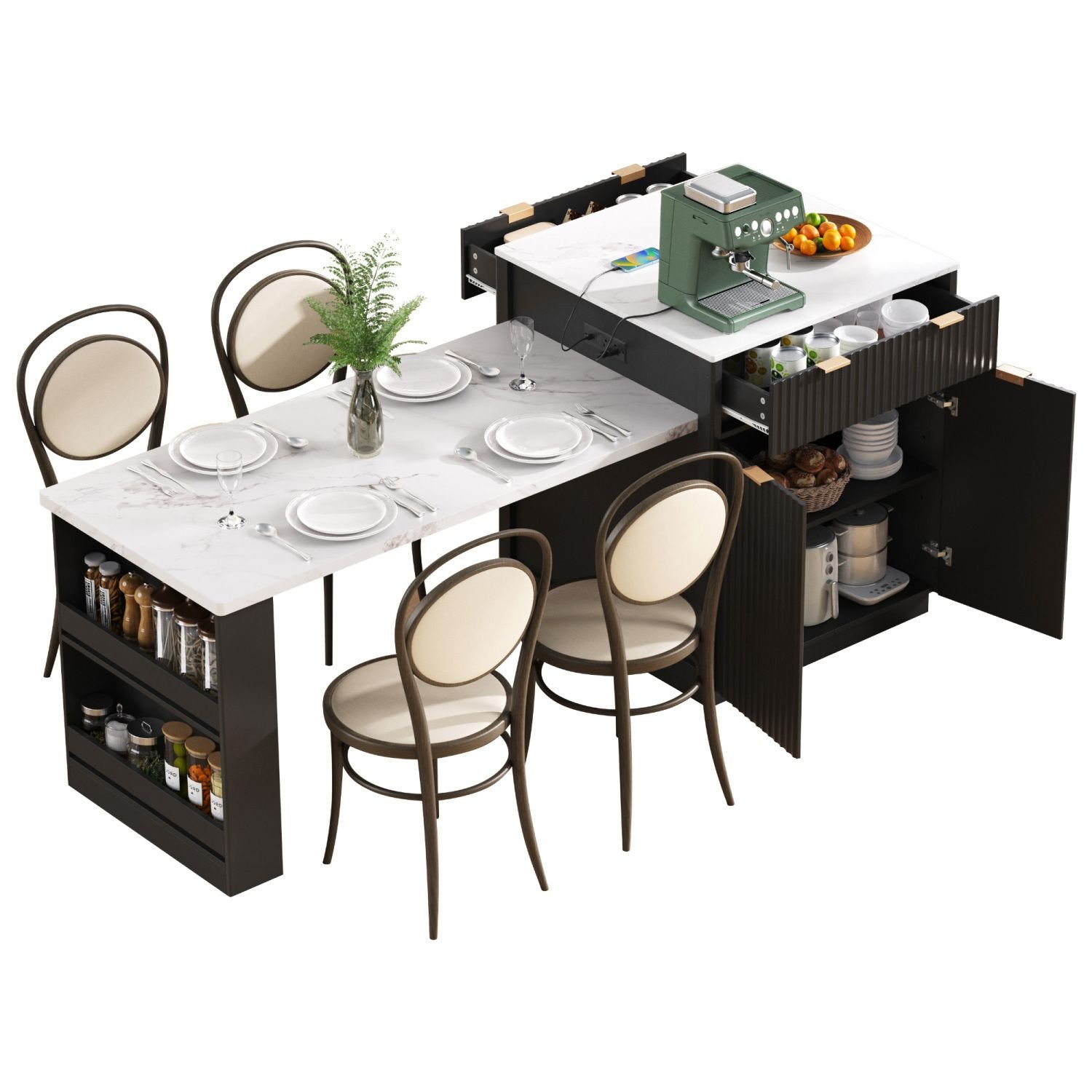 K&K 82.6" Fluted Kitchen Island with Extendable Dining Table for 4-6 ...