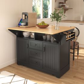 55.7" Large Kitchen Island with 2 Drop Leaf,Rolling Kitchen Cart on 5 Wheels with Power Outlet, Folding Storage Dining Table with Spice & Towel R (Color: Black, Material: MDF)